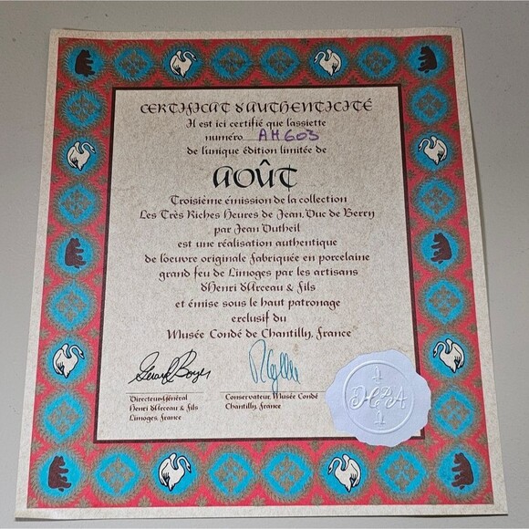 D'Arceau Limoges Le Tres Riches 1987 JANVIER January Ltd Ed Plate - Picture 6 of 6